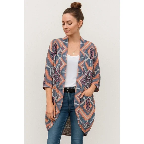 Anthropologie E by Eloise Sheer Cocoon Kimono Geometric Print One Size NWOT - Picture 1 of 7